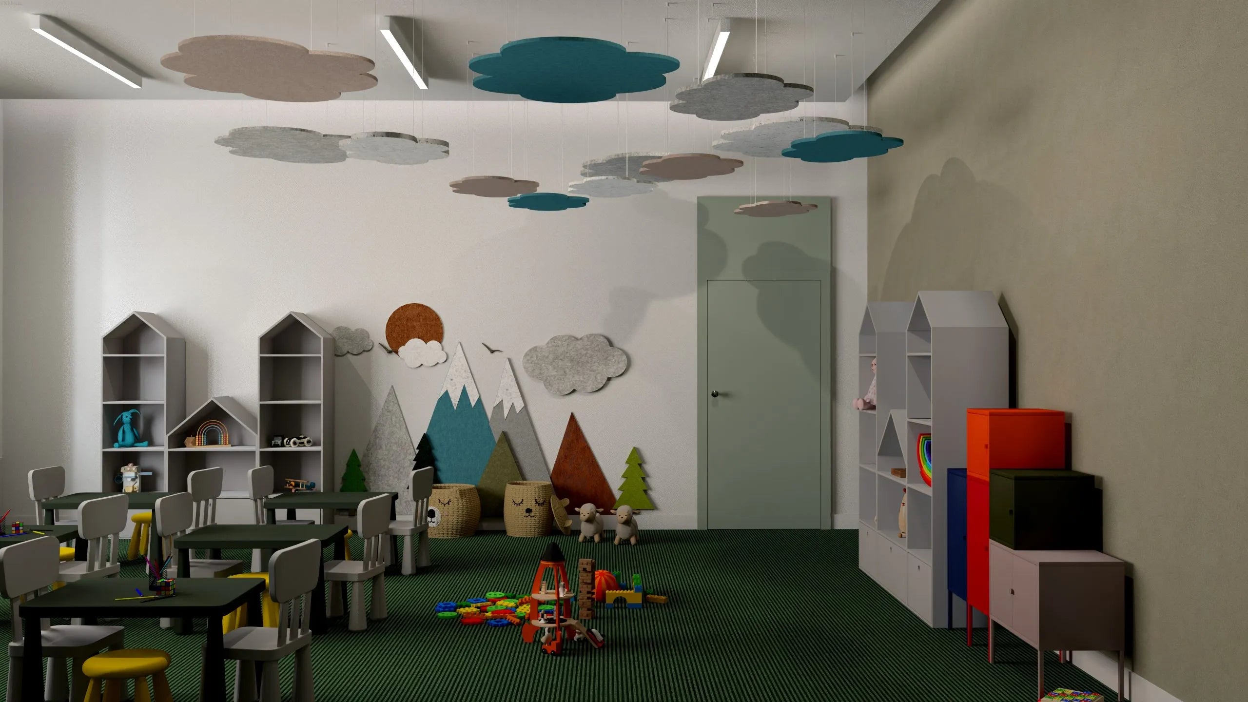 Suspended Ceiling Panels - Acoustic Felt CLOUD L in playroom interior Decormania UK